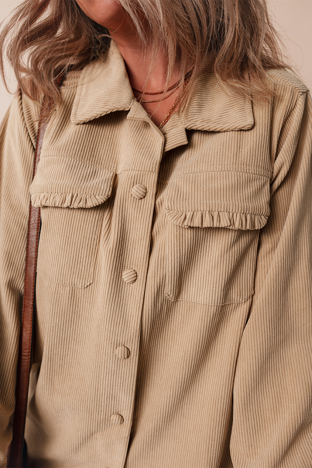 Light French Beige Solid Frilled Flap Pocket Button Up Corduroy Shacket view 7