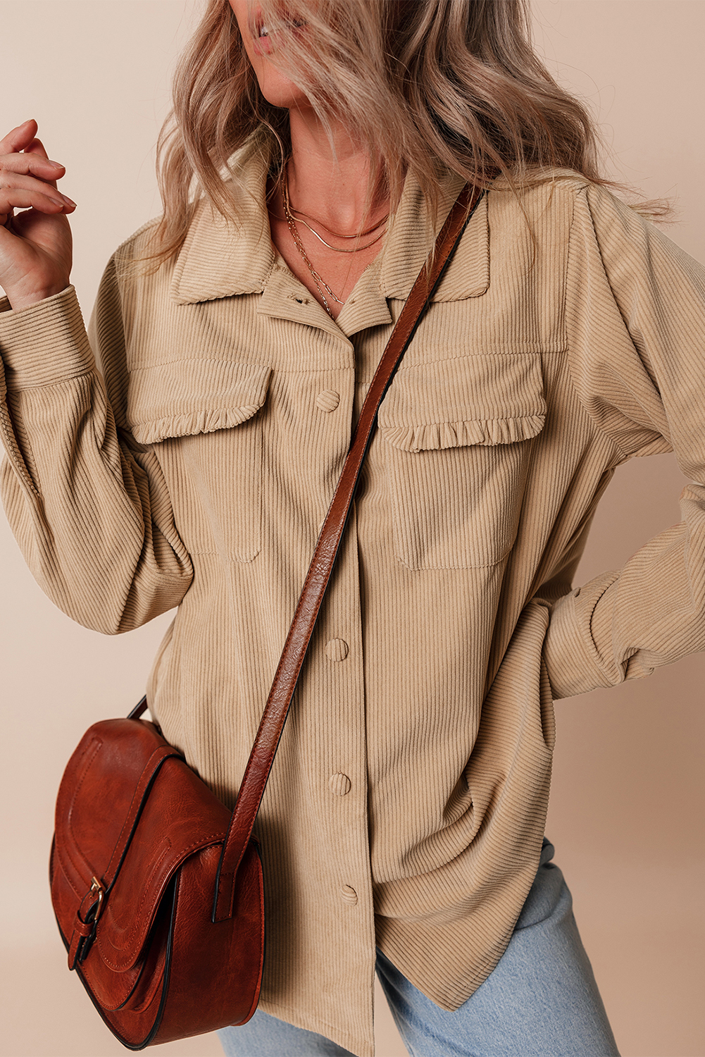 Light French Beige Solid Frilled Flap Pocket Button Up Corduroy Shacket view 5