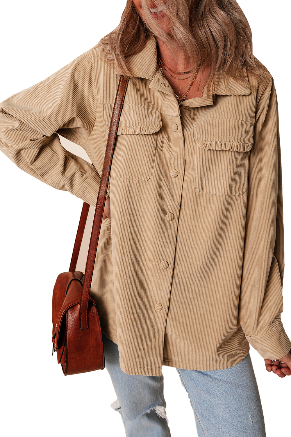 Light French Beige Solid Frilled Flap Pocket Button Up Corduroy Shacket view 22