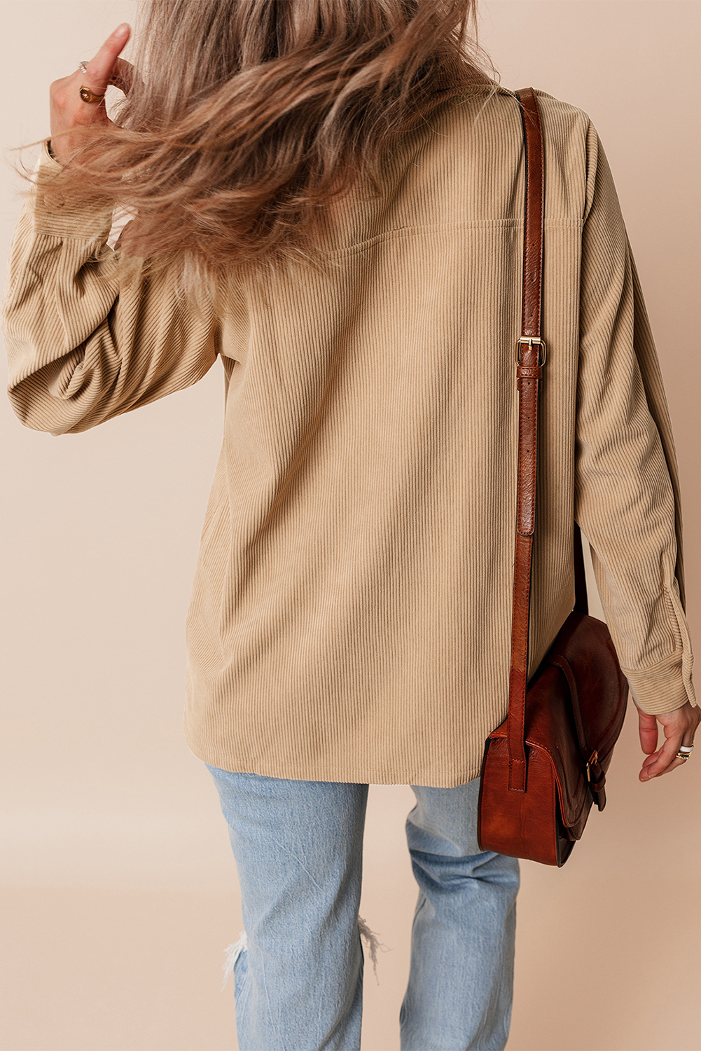 Light French Beige Solid Frilled Flap Pocket Button Up Corduroy Shacket view 2