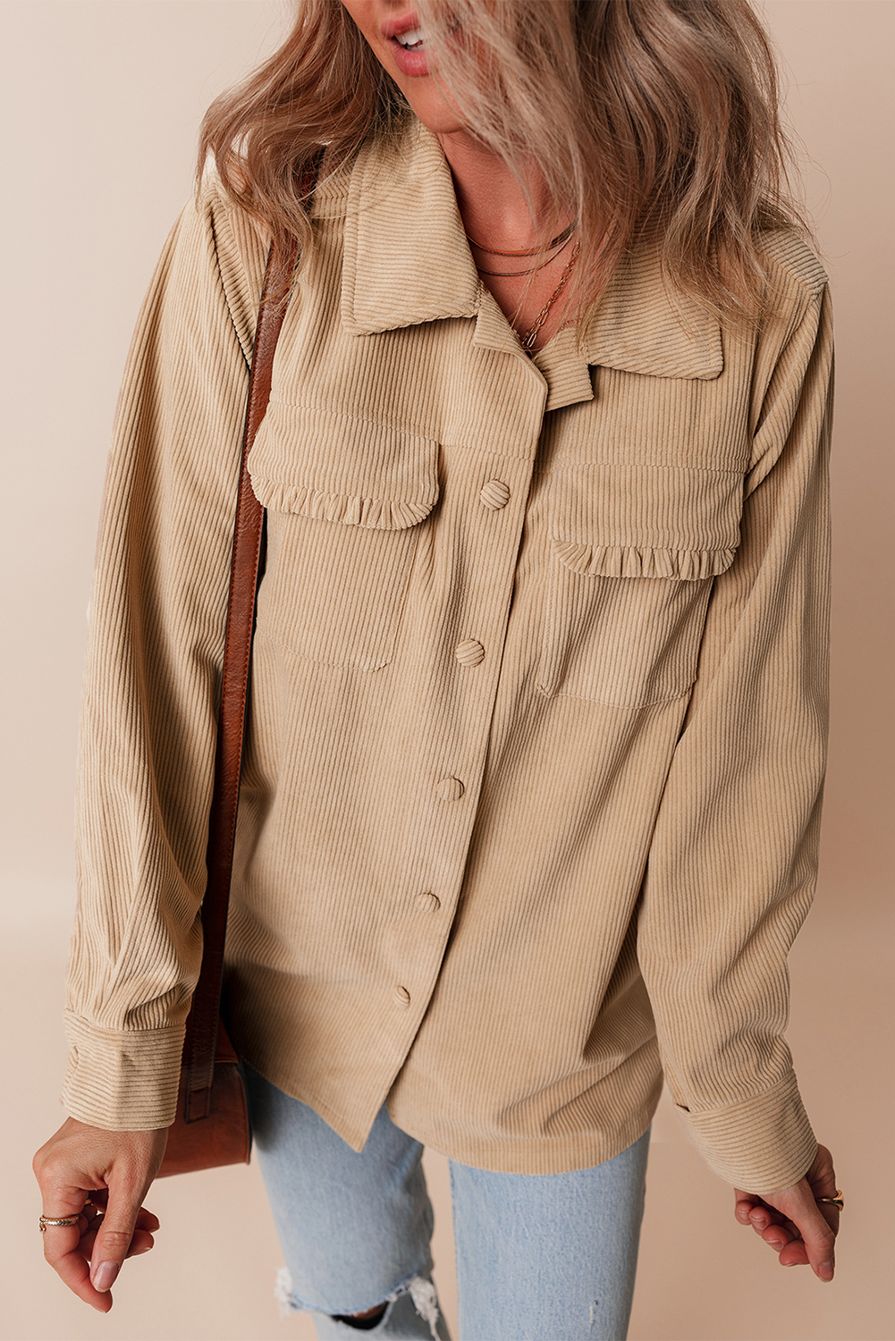 Light French Beige Solid Frilled Flap Pocket Button Up Corduroy Shacket view 4