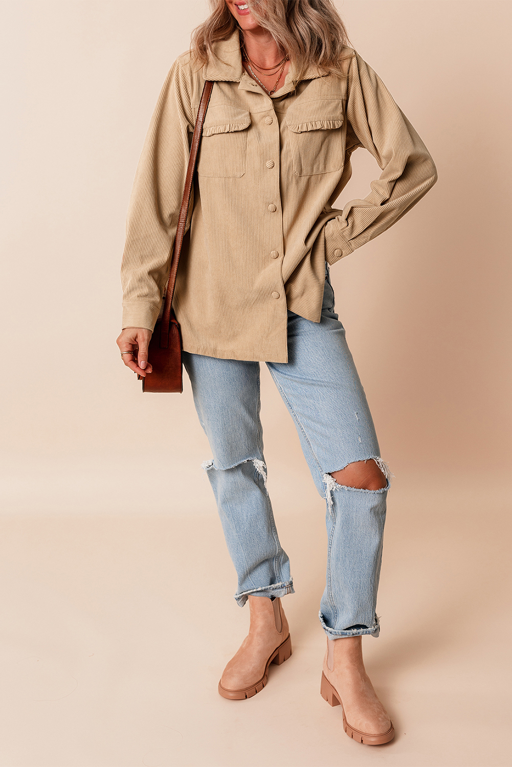 Light French Beige Solid Frilled Flap Pocket Button Up Corduroy Shacket view 6