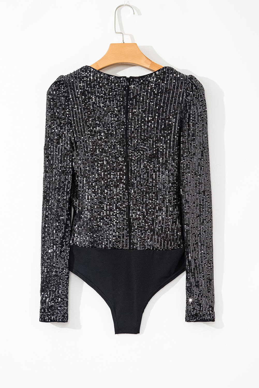 Black Sequin V Neck Zipped Long Sleeve Bodysuit view 16