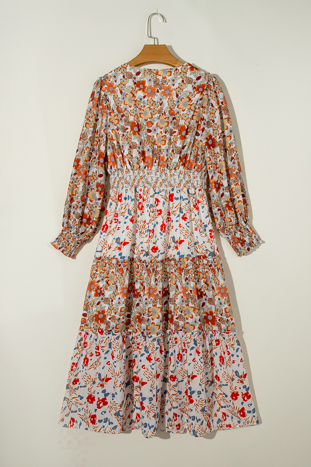 Khaki Floral Print Ruffled Tiered Long Sleeve V Neck Midi Dress view 15