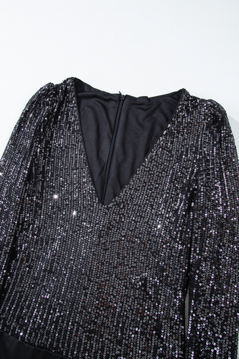 Black Sequin V Neck Zipped Long Sleeve Bodysuit view 17