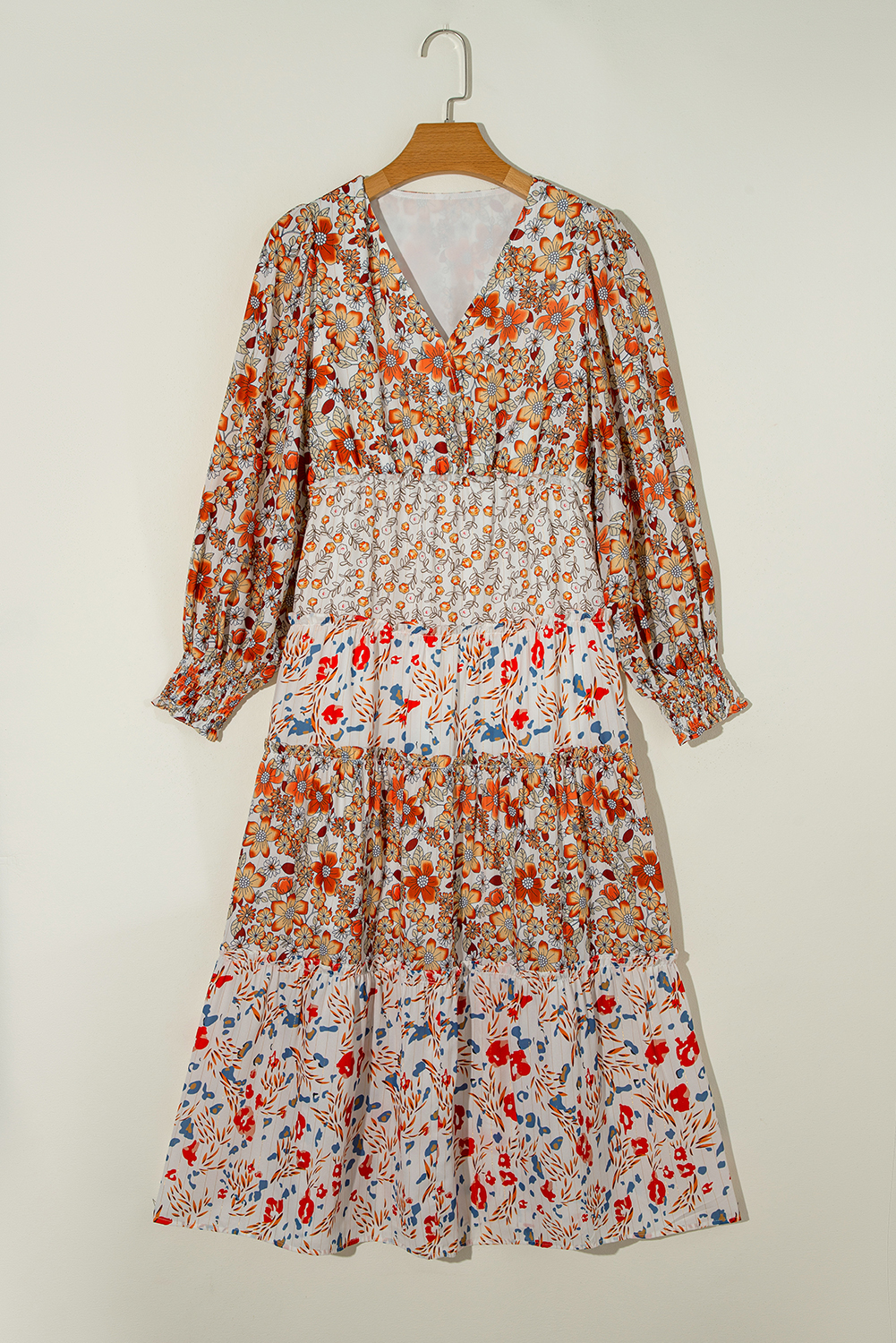 Khaki Floral Print Ruffled Tiered Long Sleeve V Neck Midi Dress view 14