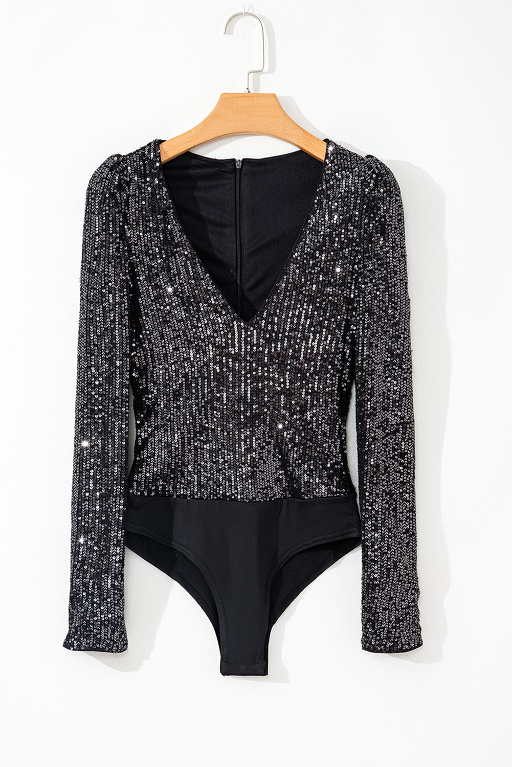 Black Sequin V Neck Zipped Long Sleeve Bodysuit view 15