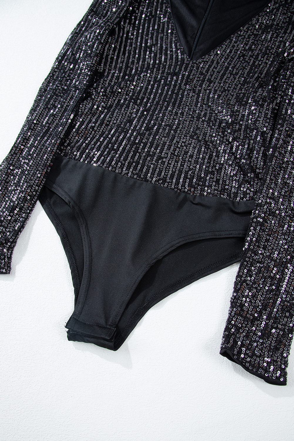 Black Sequin V Neck Zipped Long Sleeve Bodysuit view 18