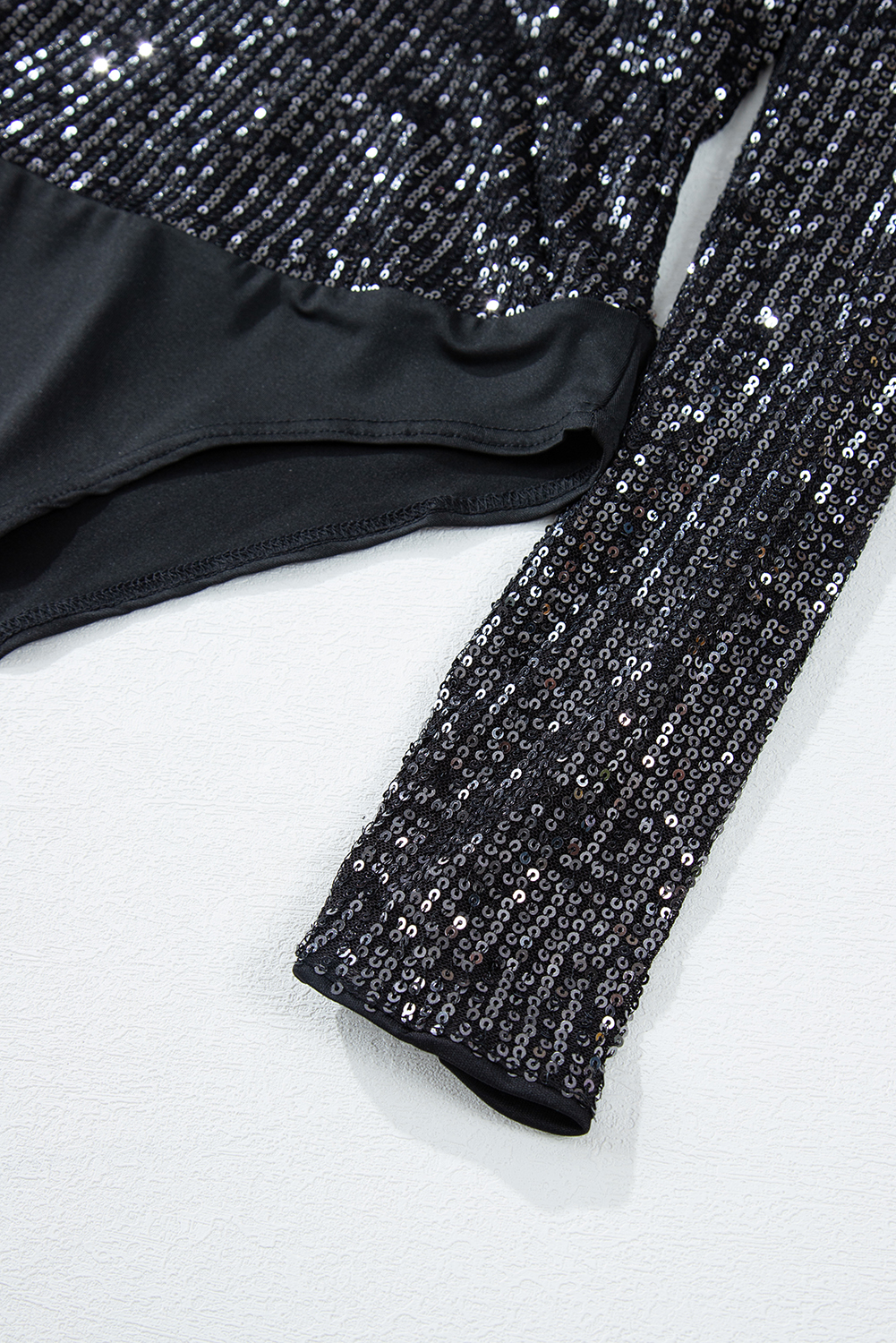Black Sequin V Neck Zipped Long Sleeve Bodysuit view 19