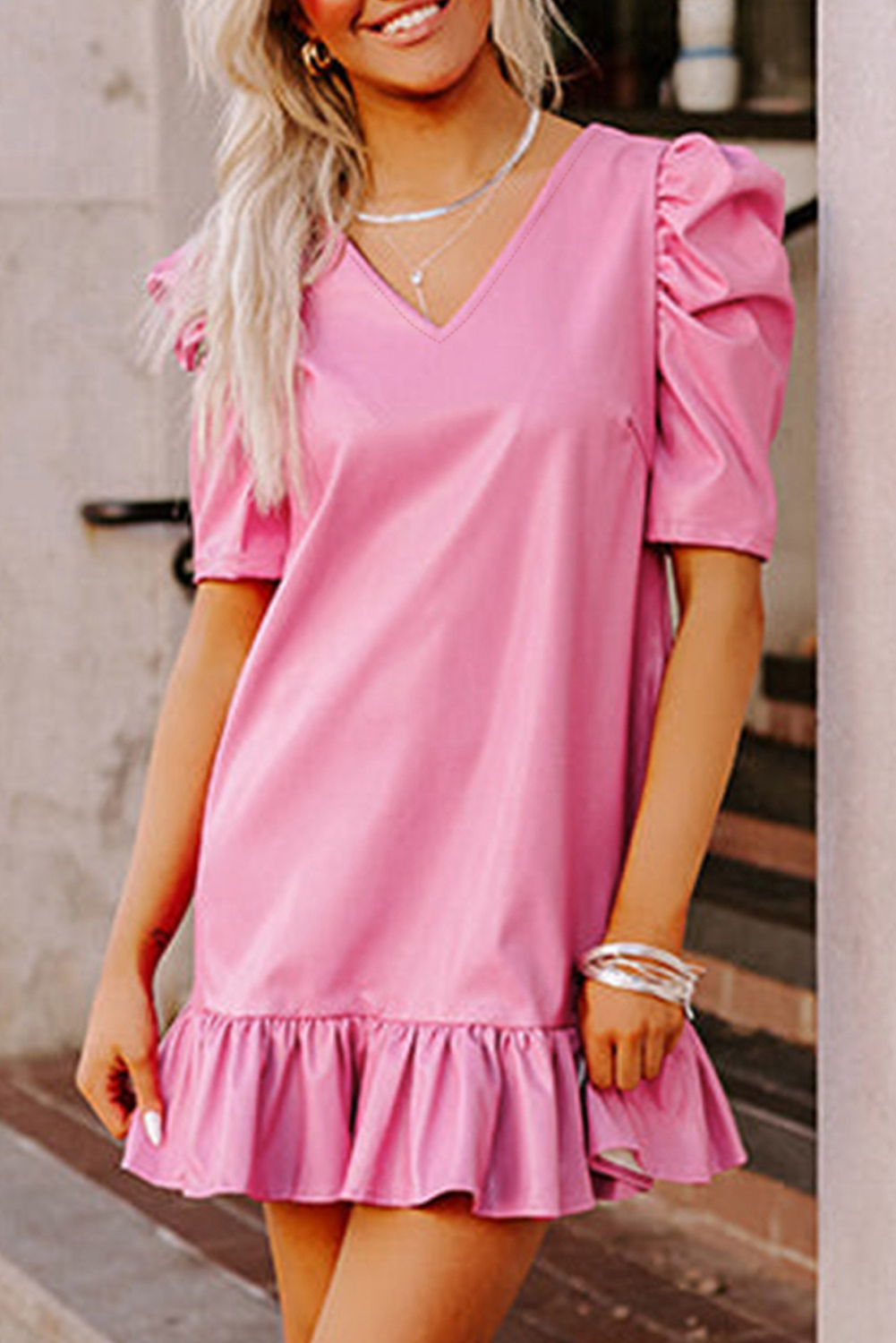 Bubblegum Pink And Orange Embroidery Detail Square Neck Sleeveless Mini Dress main image 0