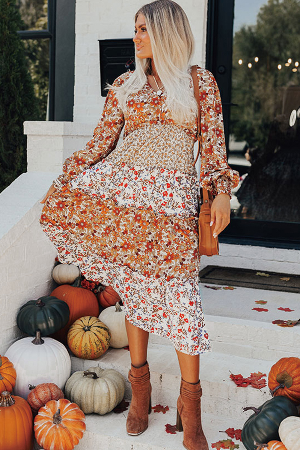 Khaki Floral Print Ruffled Tiered Long Sleeve V Neck Midi Dress view 3