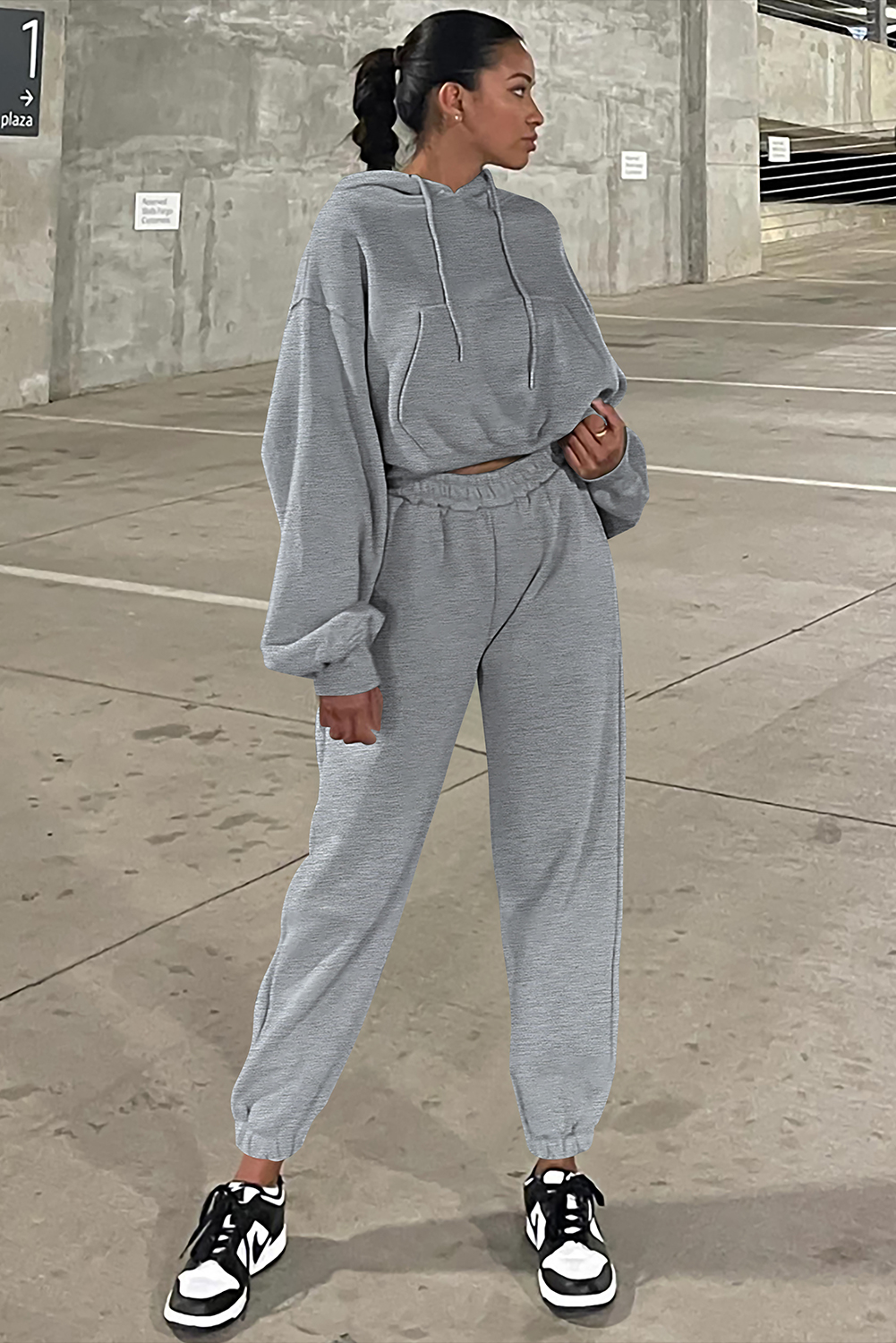 Gray Solid Drop Shoulder Hoodie and Joggers Activewear Set view 5