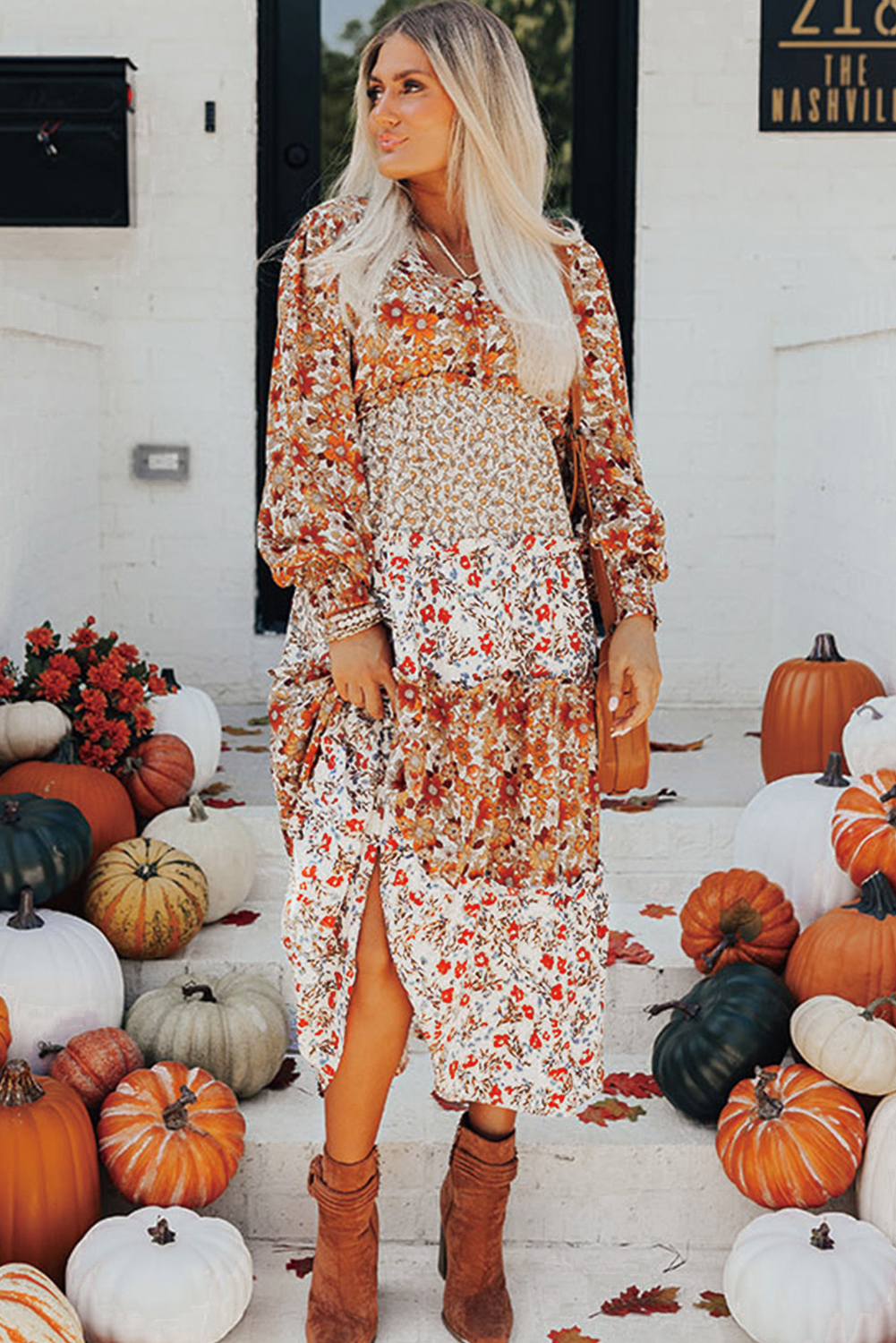 Khaki Floral Print Ruffled Tiered Long Sleeve V Neck Midi Dress view 13