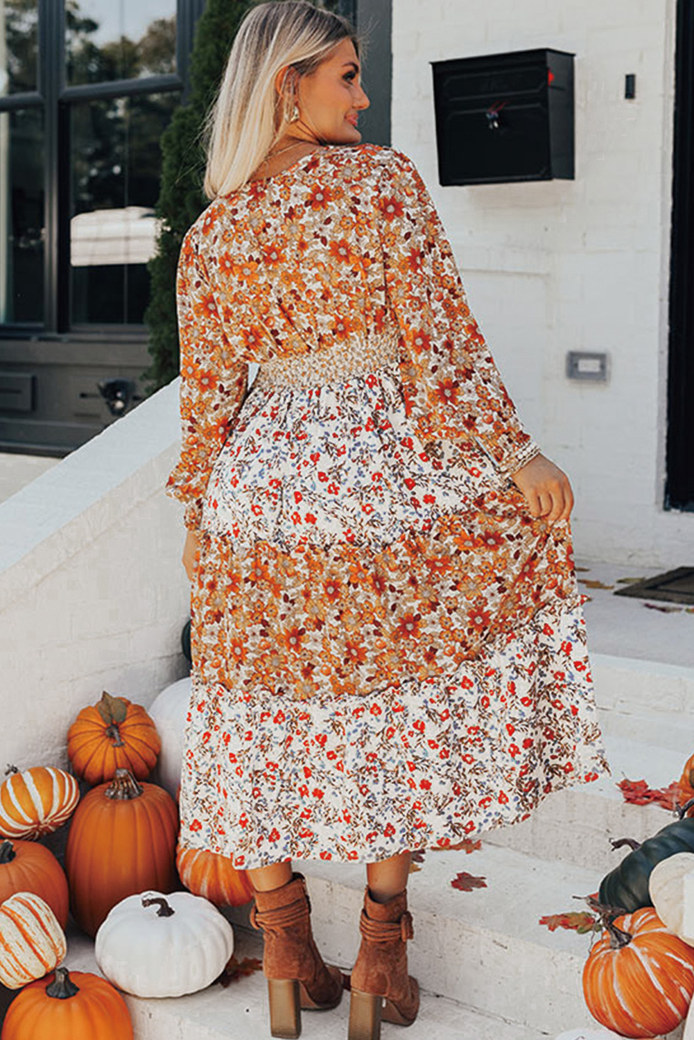 Khaki Floral Print Ruffled Tiered Long Sleeve V Neck Midi Dress view 2
