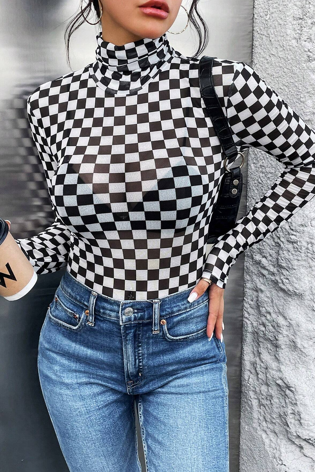 Black Checkered Printed Long Sleeve High Neck Bodysuit view 5