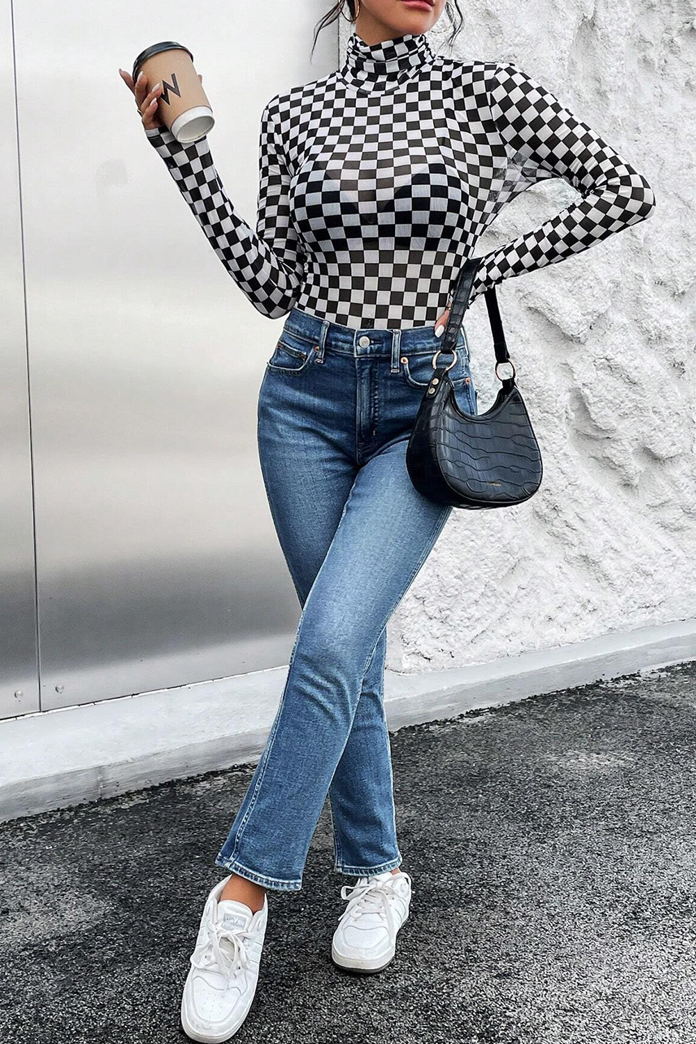 Black Checkered Printed Long Sleeve High Neck Bodysuit view 6