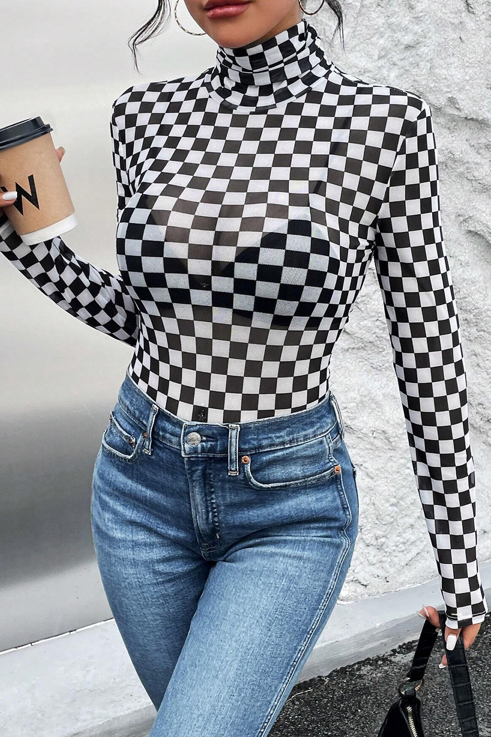 Black Checkered Printed Long Sleeve High Neck Bodysuit view 4