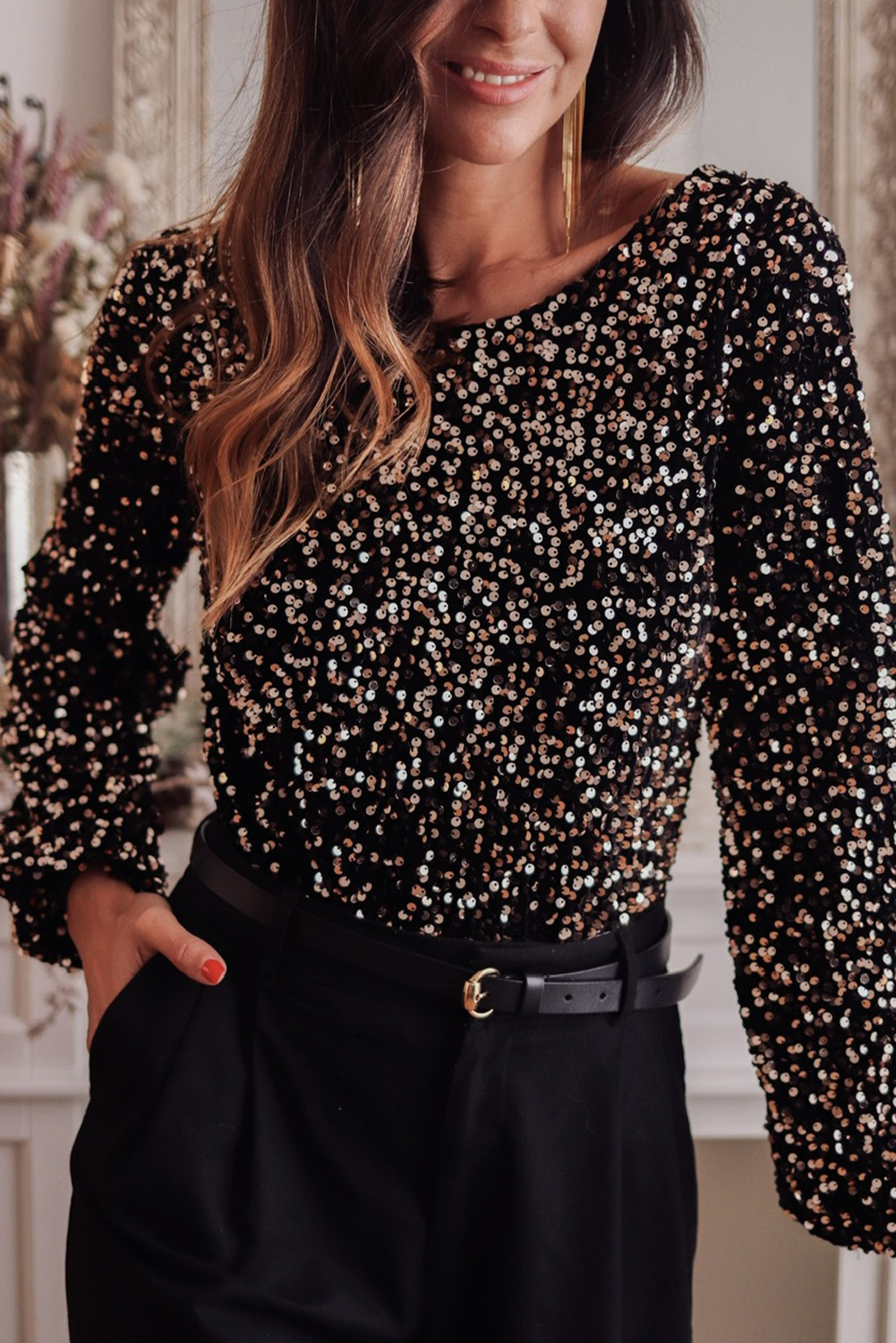 Black Deep V Back Sequin Puff Sleeve Bodysuit view 2