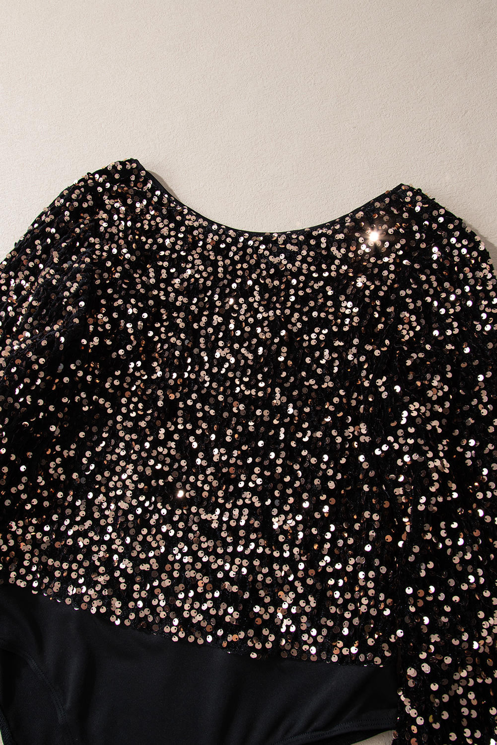 Black Deep V Back Sequin Puff Sleeve Bodysuit view 9