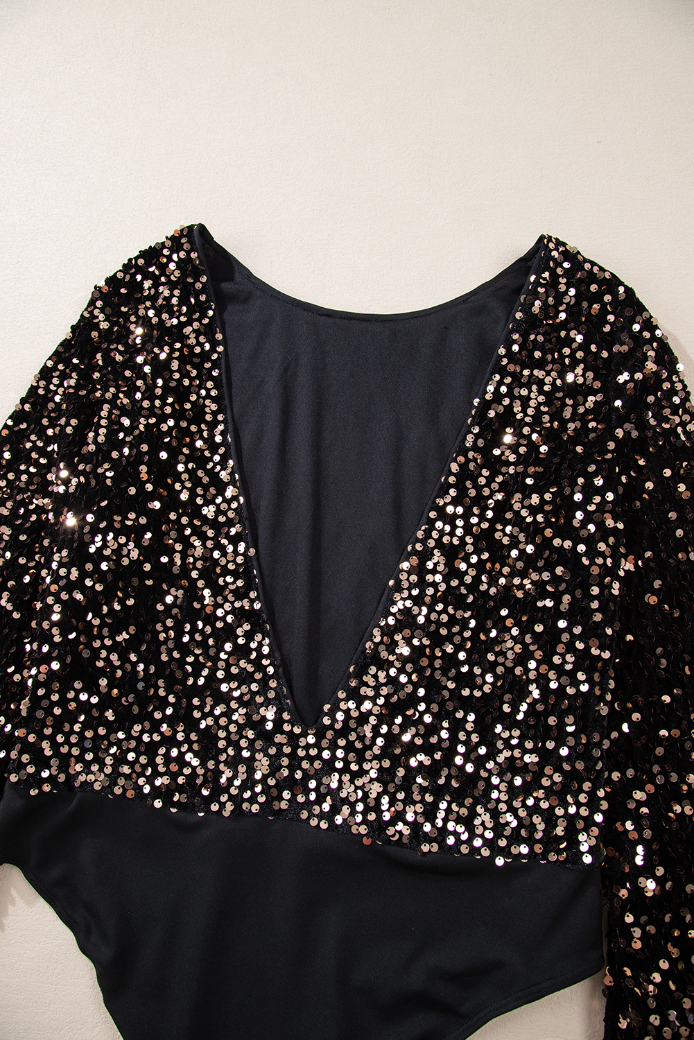Black Deep V Back Sequin Puff Sleeve Bodysuit view 12