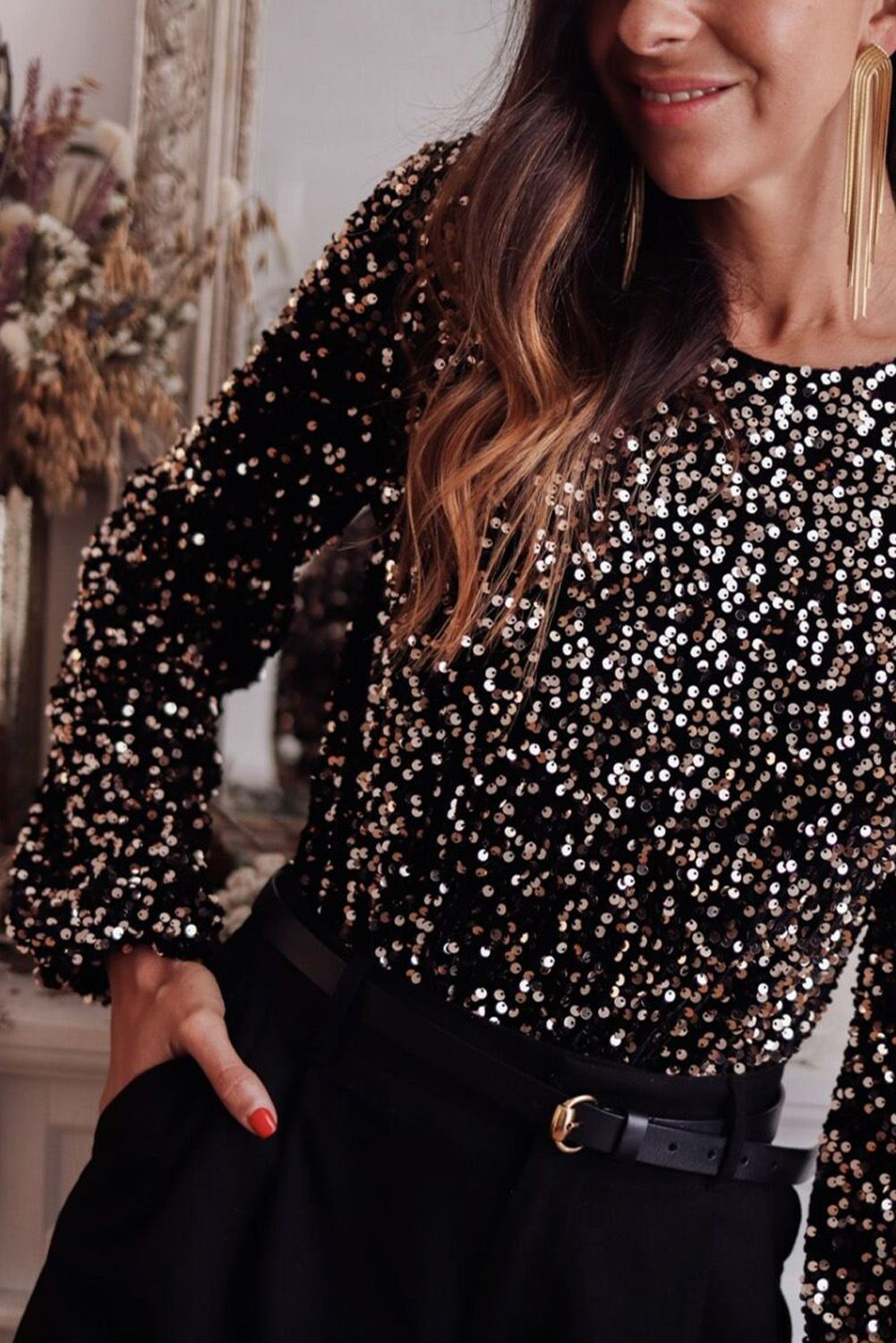Black Deep V Back Sequin Puff Sleeve Bodysuit view 4