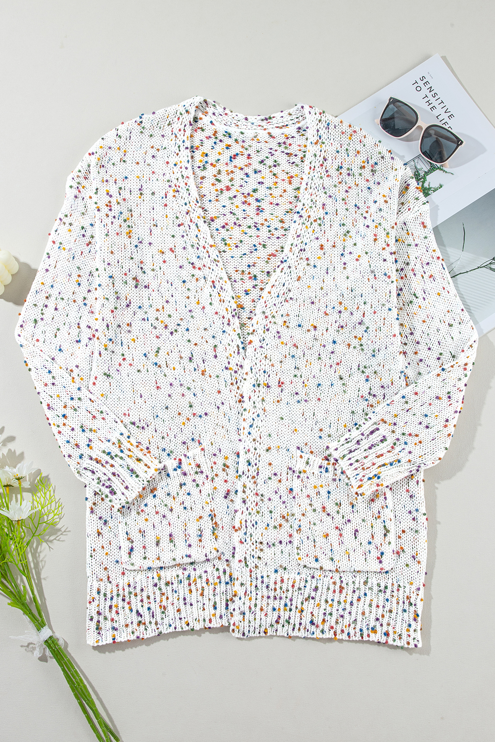 White Confetti Rib Knit Long Sleeve Cardigan view 8