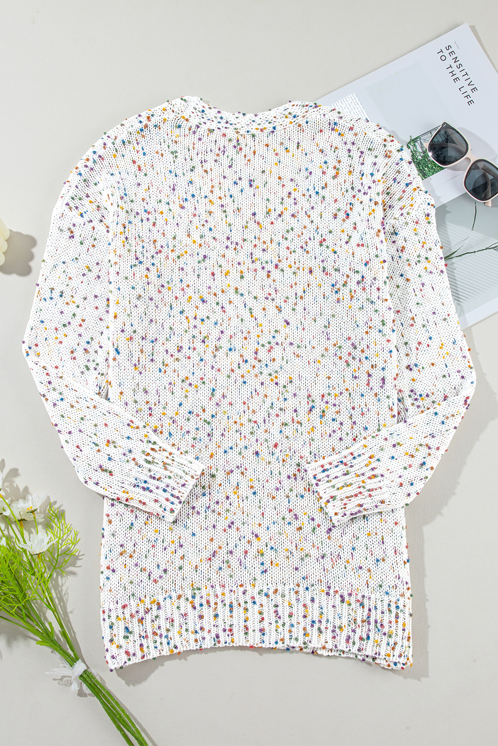 White Confetti Rib Knit Long Sleeve Cardigan view 9