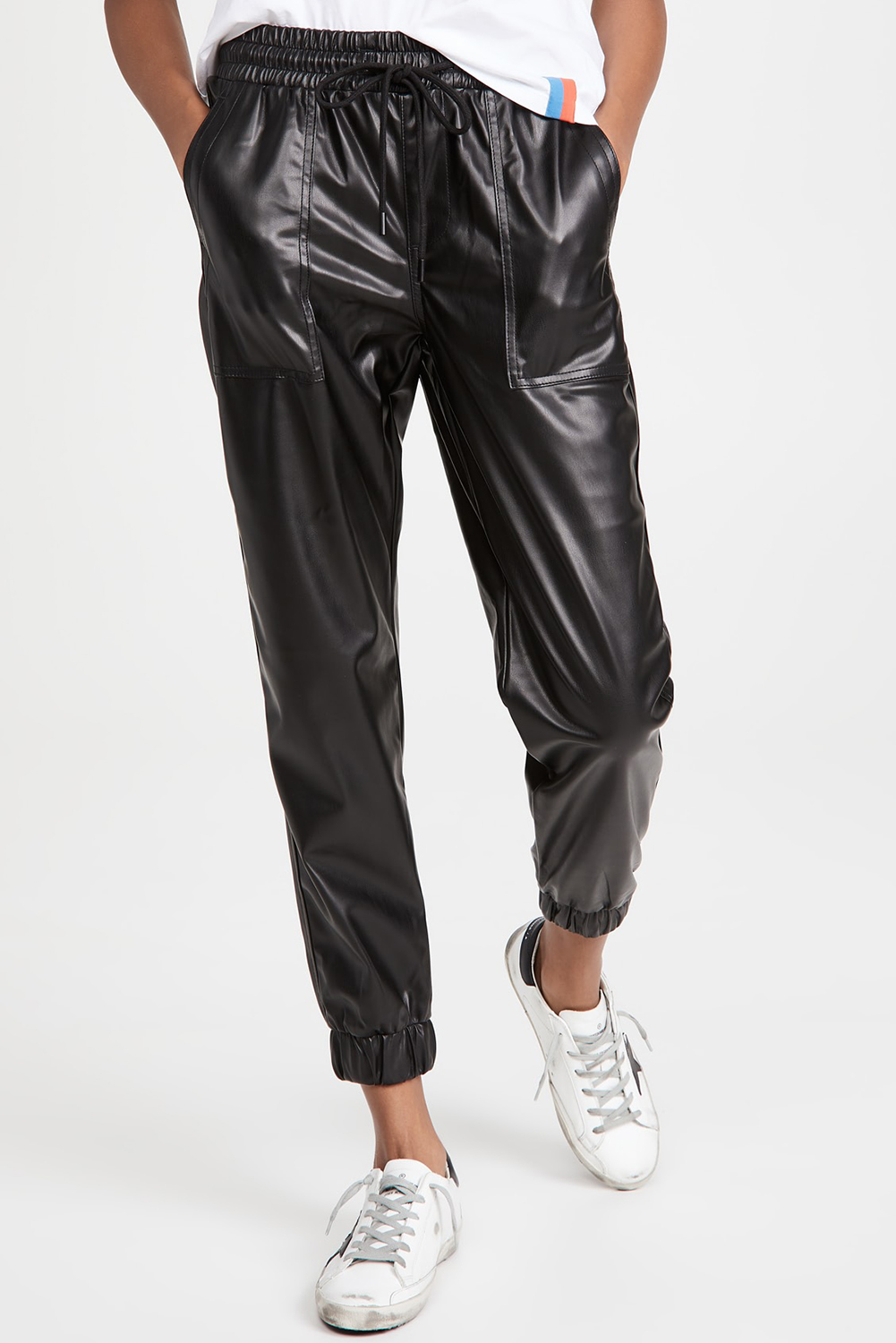 Black Faux Leather Ankle Smocked Waist Drawstring Joggers view 3