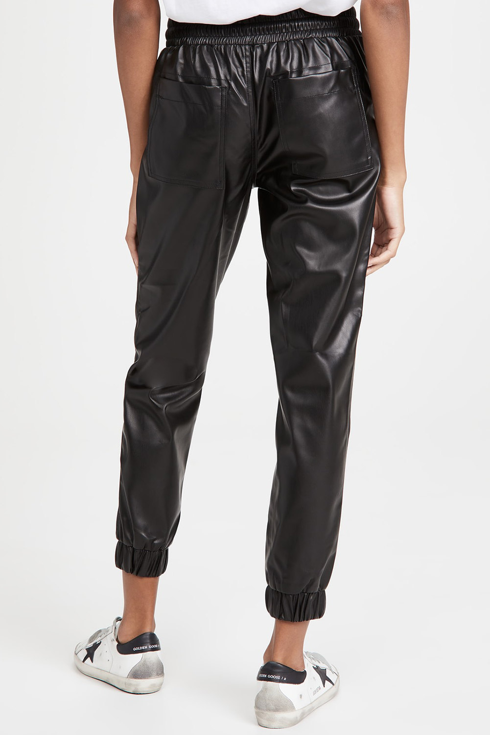 Black Faux Leather Ankle Smocked Waist Drawstring Joggers view 2