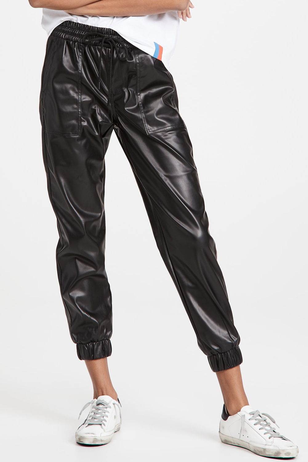 Black Faux Leather Ankle Smocked Waist Drawstring Joggers view 5