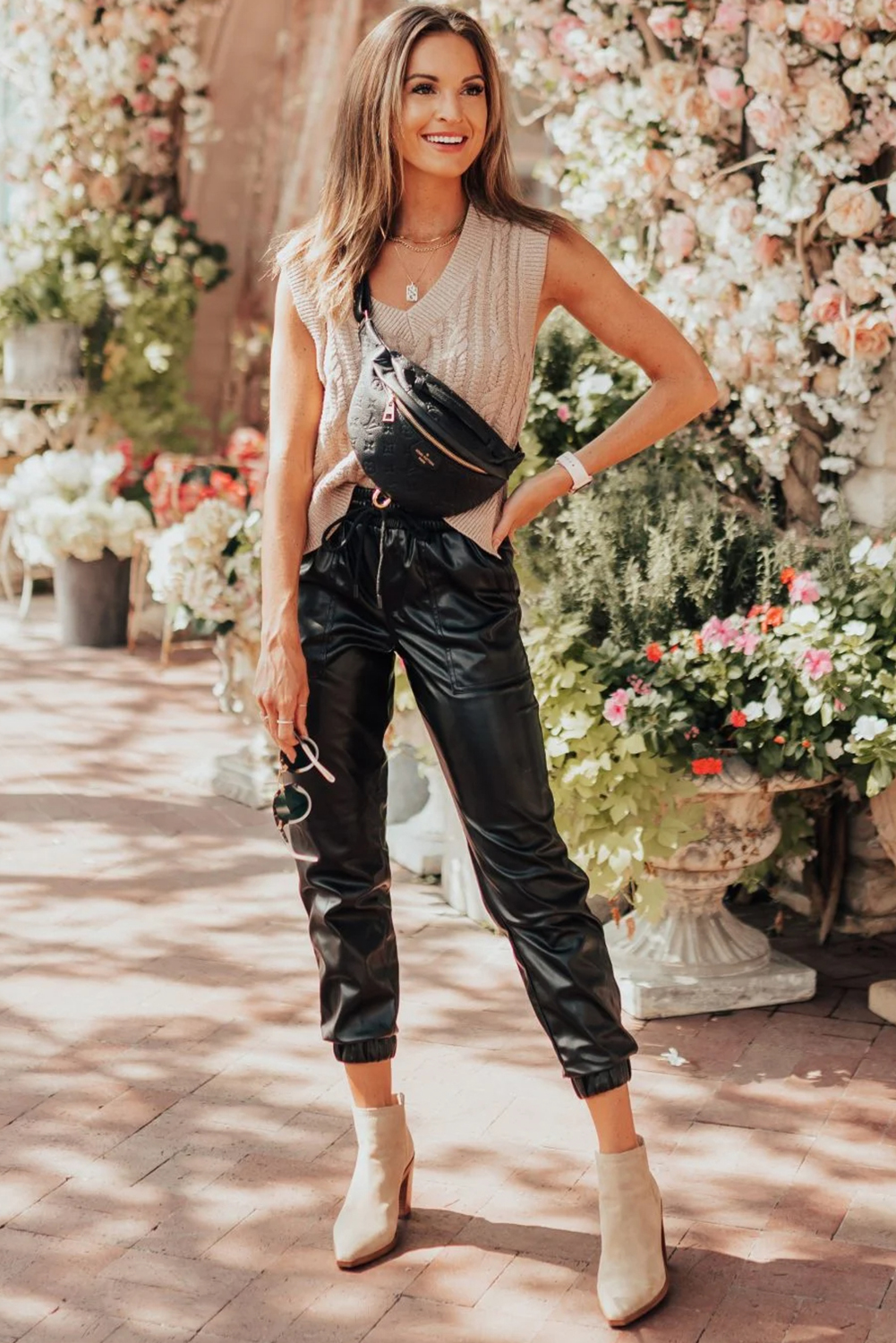 Black Faux Leather Ankle Smocked Waist Drawstring Joggers view 7