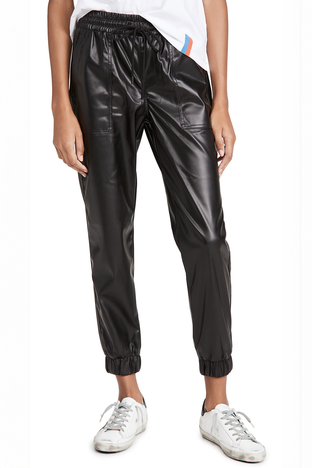 Black Faux Leather Ankle Smocked Waist Drawstring Joggers view 16