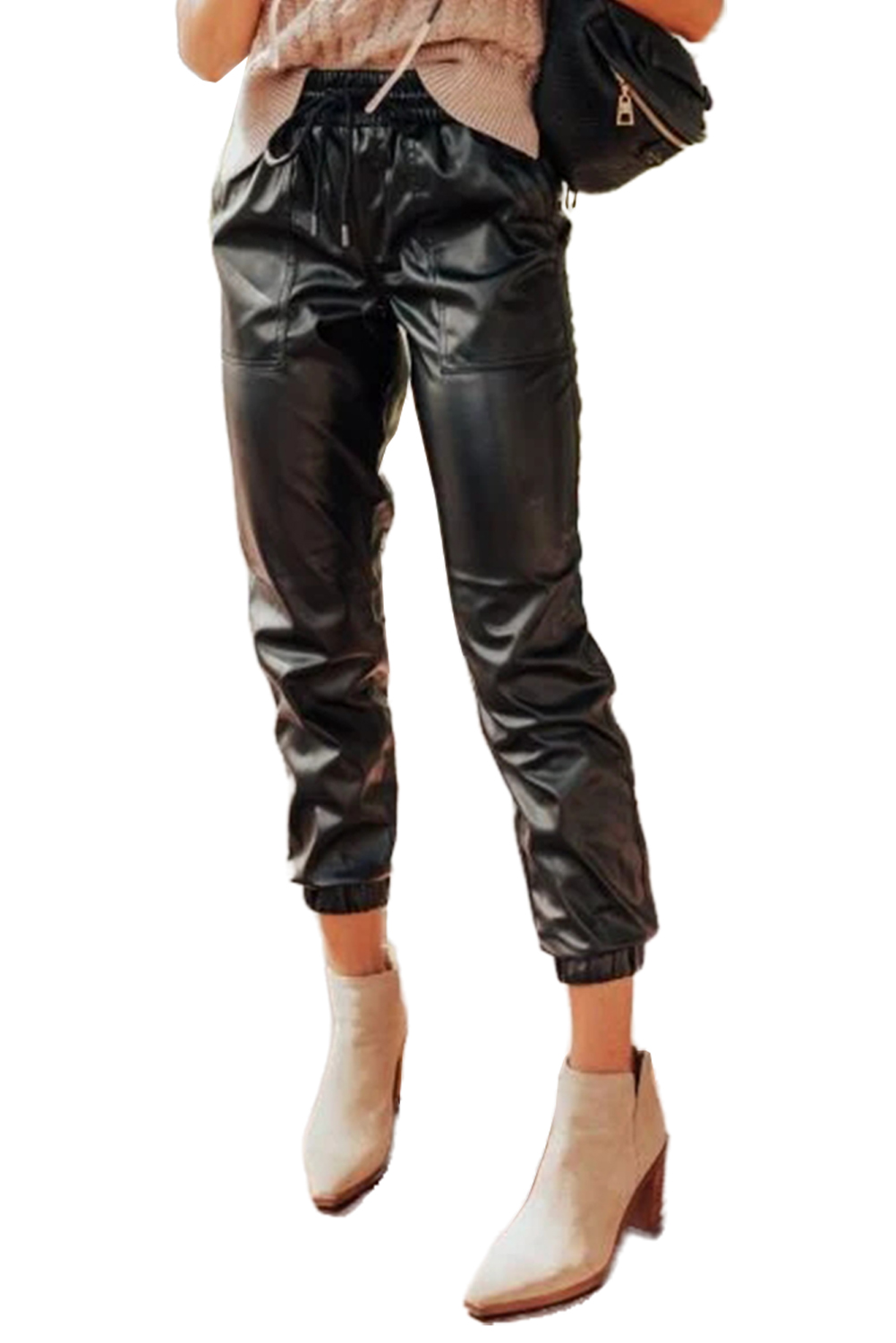 Black Faux Leather Ankle Smocked Waist Drawstring Joggers view 8