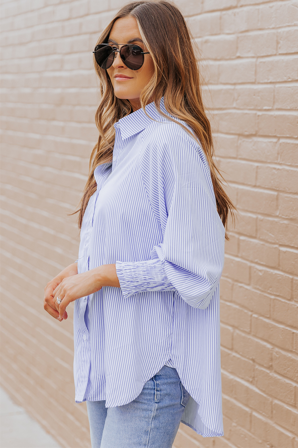Sky Blue Stripe Cuffed Sleeve Contrast Mock Neck Tee Casual 2pcs Short Set