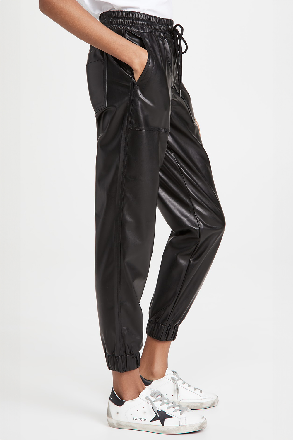 Black Faux Leather Ankle Smocked Waist Drawstring Joggers view 4