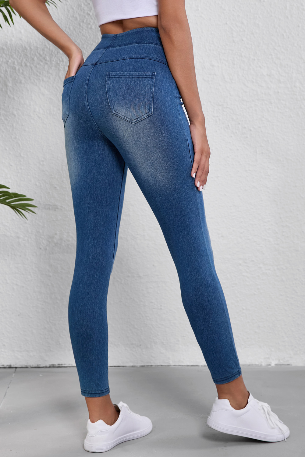 Navy Blue Skinny Elastic Waist Ankle Length Mid Waist Jeggings with Pockets view 2