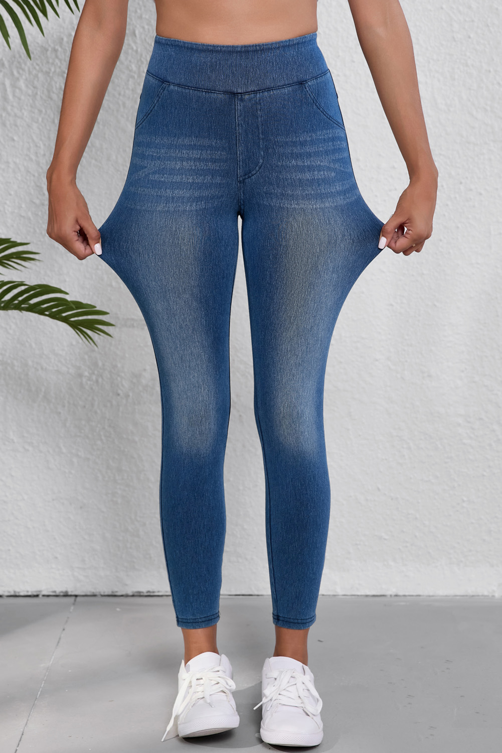 Navy Blue Skinny Elastic Waist Ankle Length Mid Waist Jeggings with Pockets view 4
