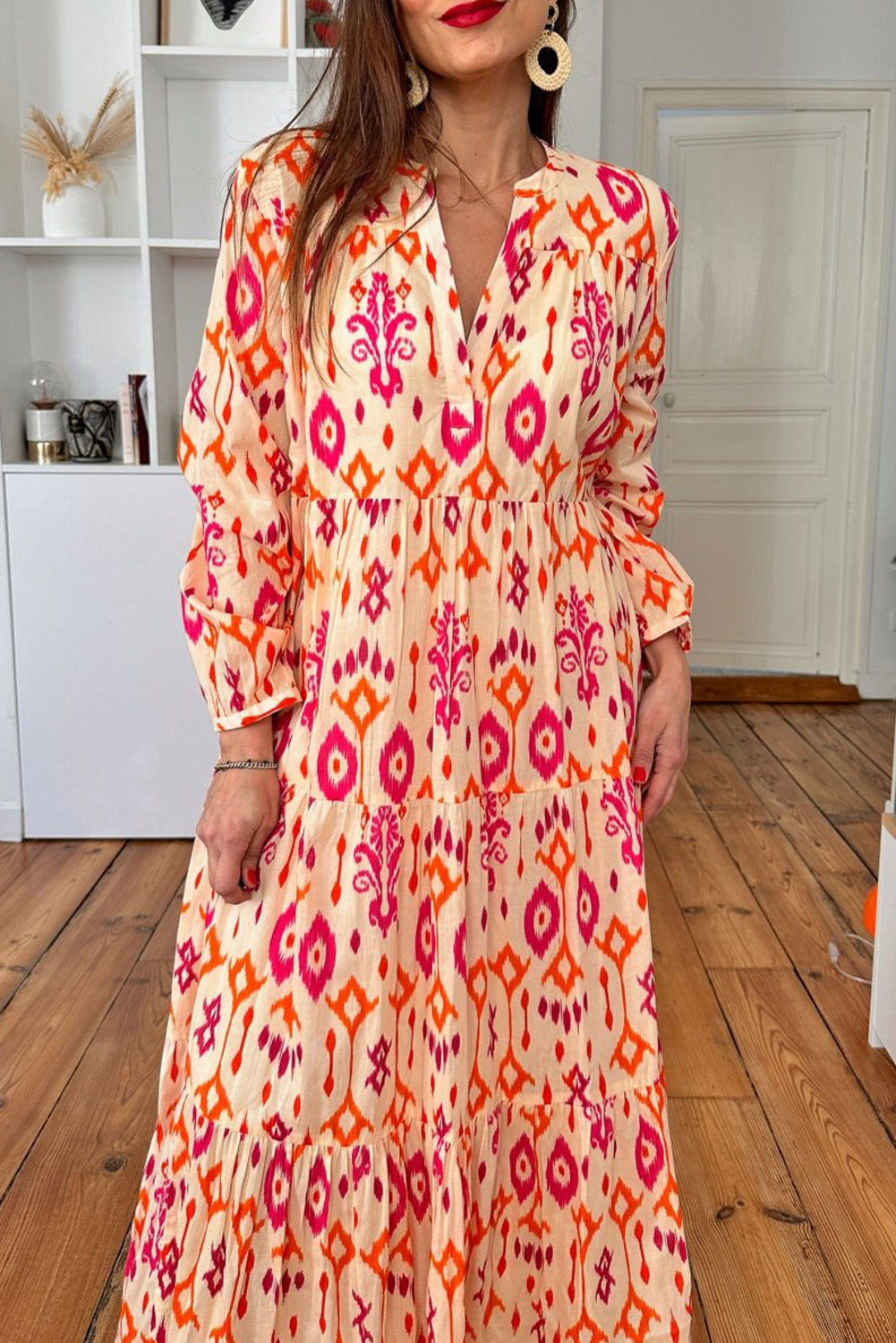 Orange Western Abstract Geometric Printed Maxi Dress view 8