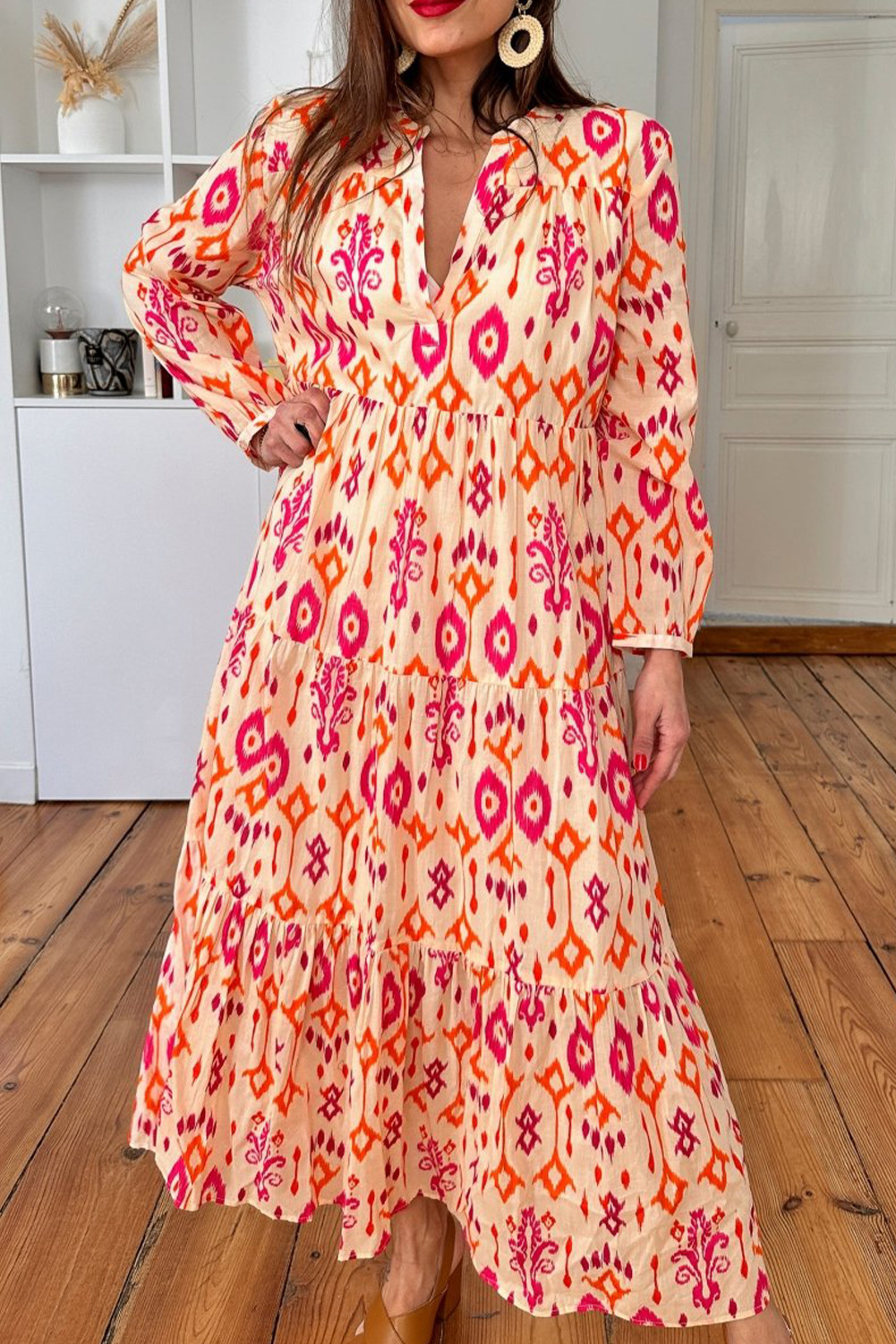 Orange Western Abstract Geometric Printed Maxi Dress view 6