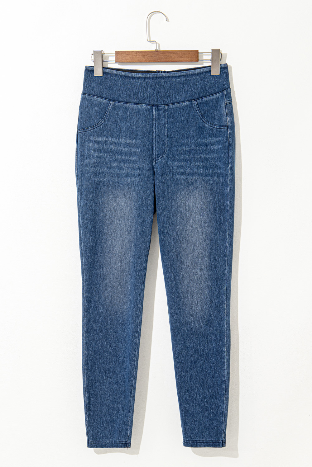 Navy Blue Skinny Elastic Waist Ankle Length Mid Waist Jeggings with Pockets view 6