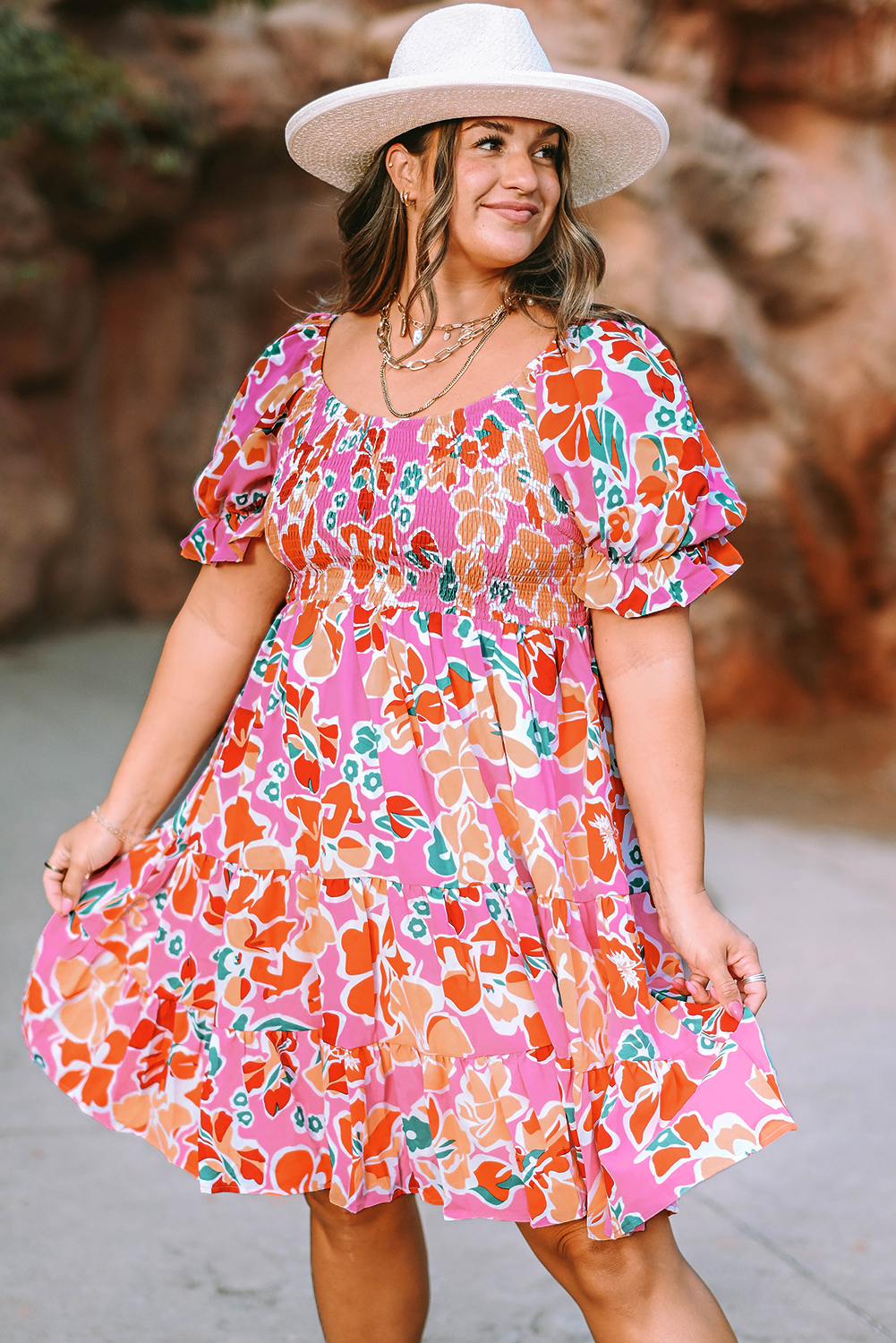 $ 21.39 - Pink Plus Size Floral Print Smocked Ruffle Tiered Dress - ds ...
