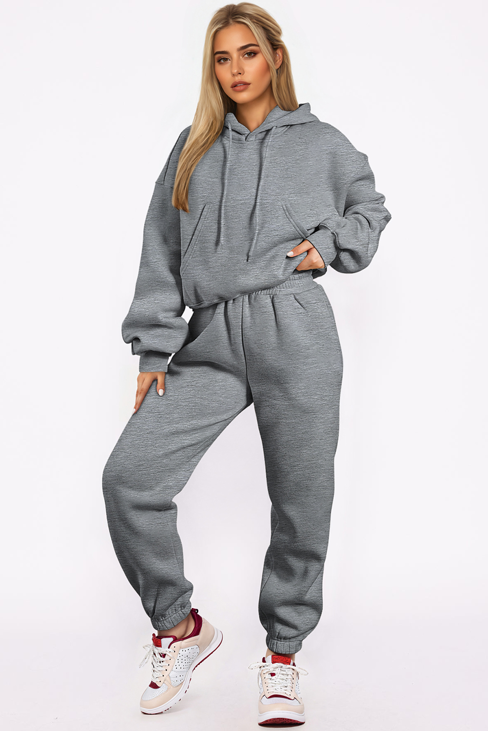 Gray Solid Drop Shoulder Hoodie and Joggers Activewear Set view 7