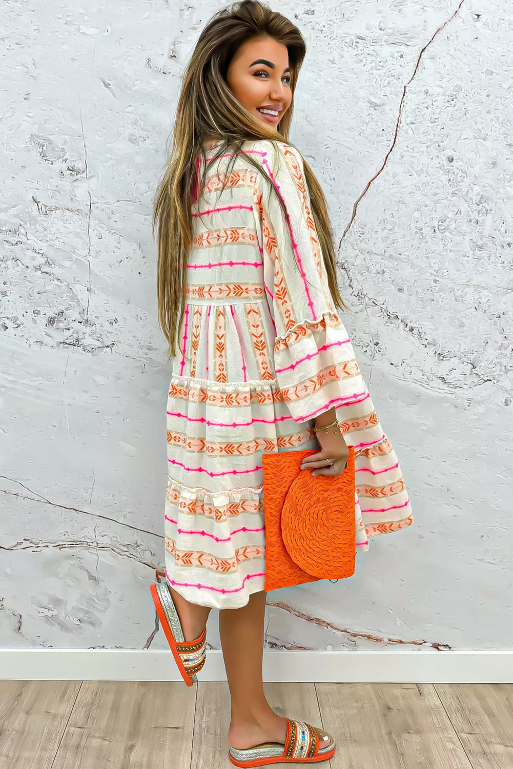 Orange Bohemian Printed Bracelet Sleeve Slit Neck Ruffled Loose Dress view 9