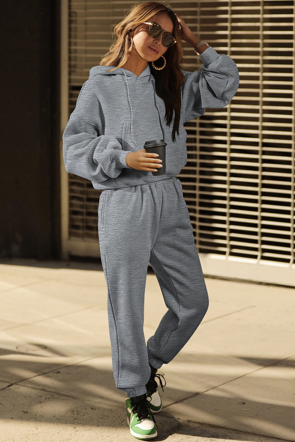Gray Solid Drop Shoulder Hoodie and Joggers Activewear Set view 6