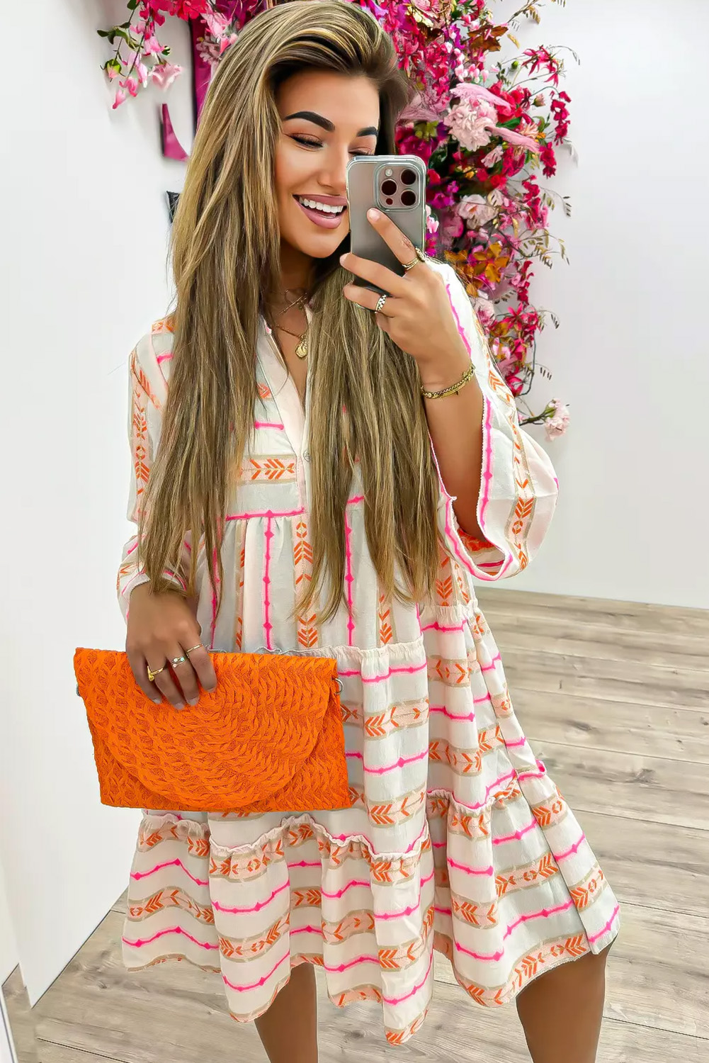 Orange Bohemian Printed Bracelet Sleeve Slit Neck Ruffled Loose Dress view 11