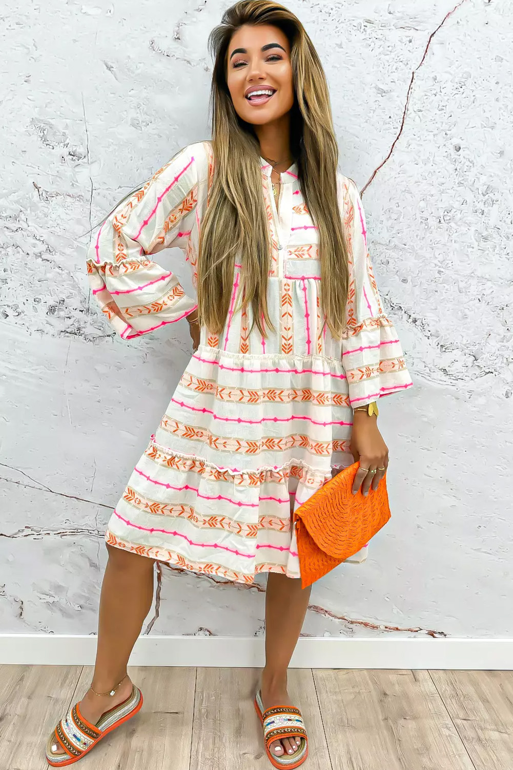 Orange Bohemian Printed Bracelet Sleeve Slit Neck Ruffled Loose Dress view 10