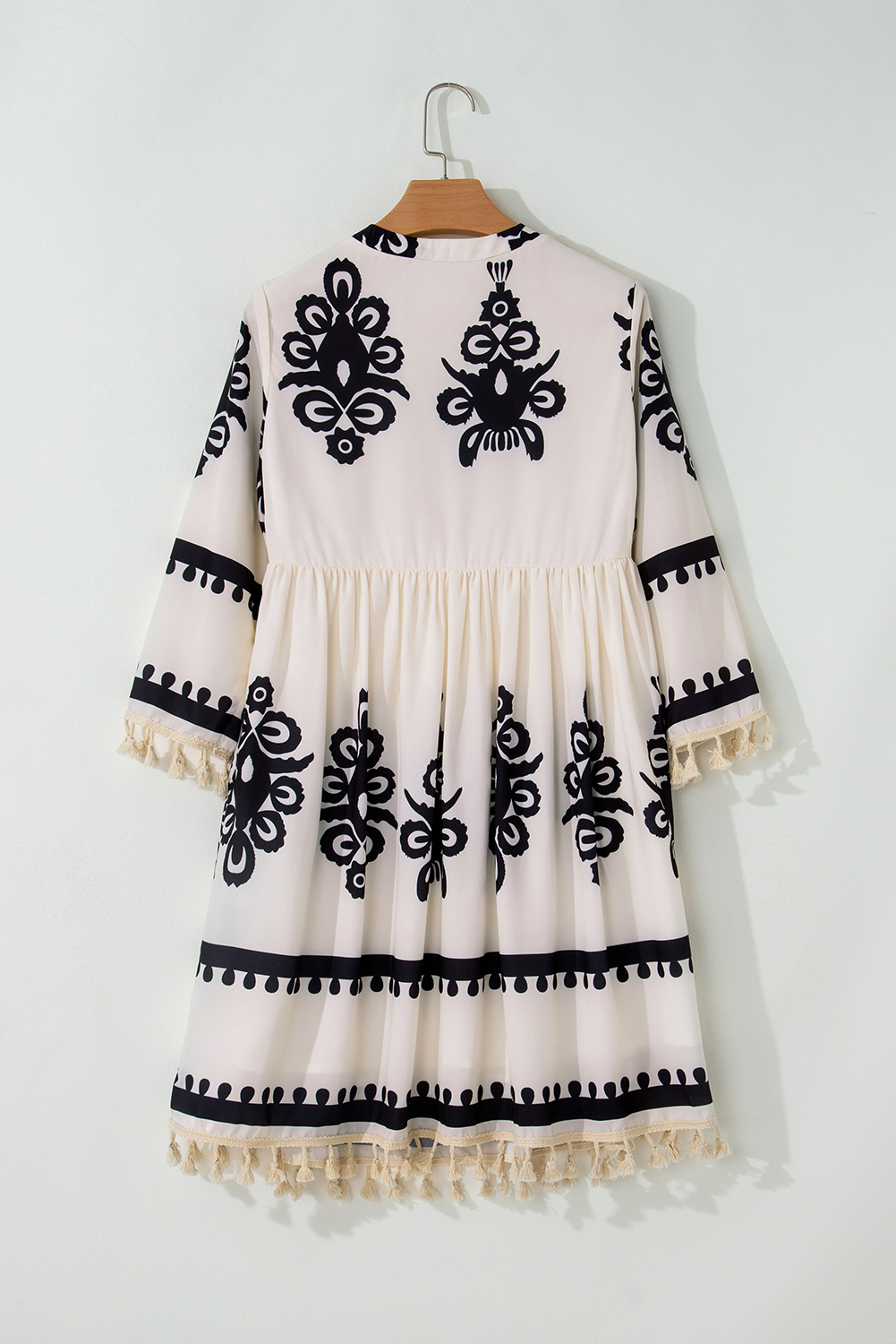 Beige Western Pattern Print Tasseled Notch V Neck Mini Dress view 14