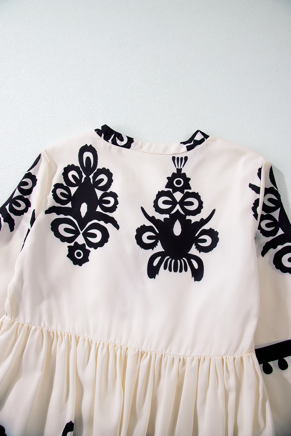 Beige Western Pattern Print Tasseled Notch V Neck Mini Dress view 18
