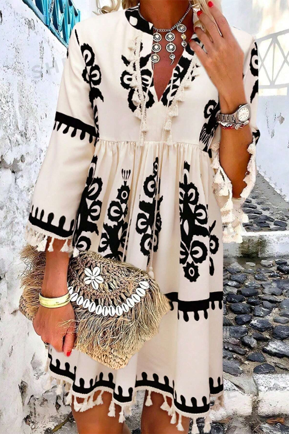 Beige Western Pattern Print Tasseled Notch V Neck Mini Dress view 7