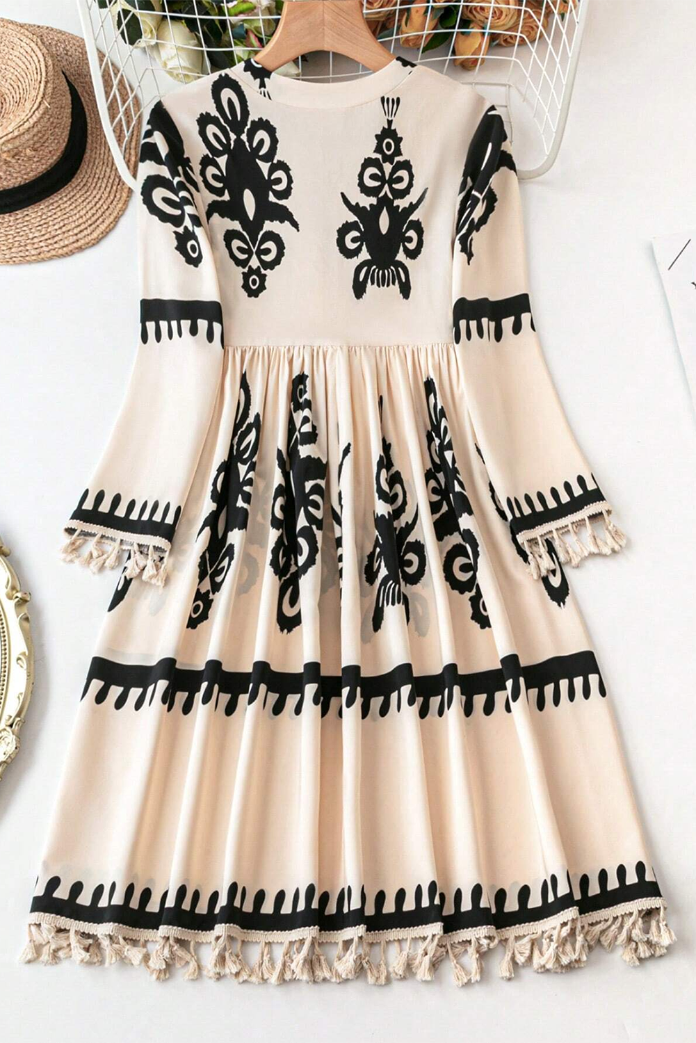 Beige Western Pattern Print Tasseled Notch V Neck Mini Dress view 9